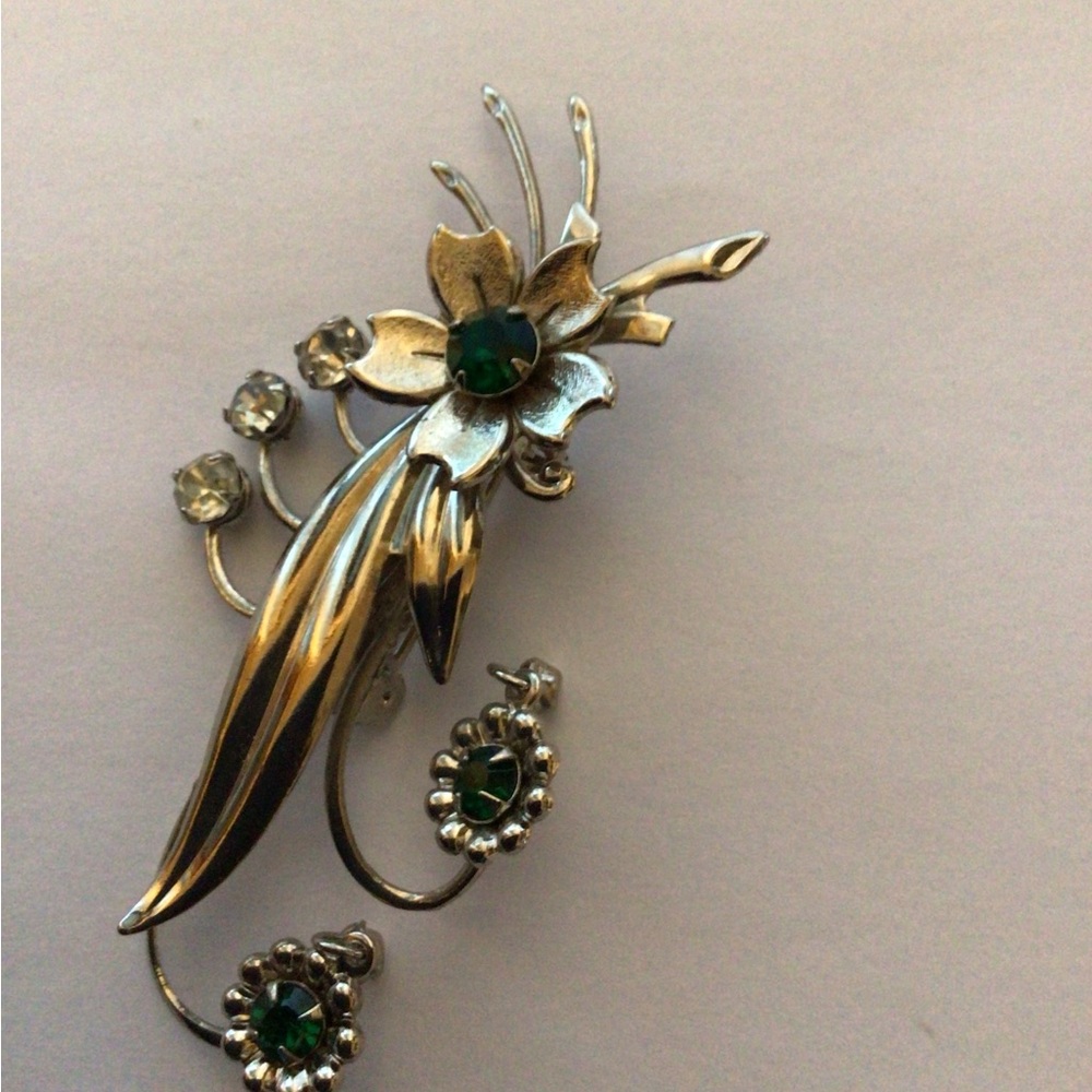 Silver and Green Floral Brooch